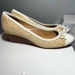 Tory Burch Straw and White Leather Wedge